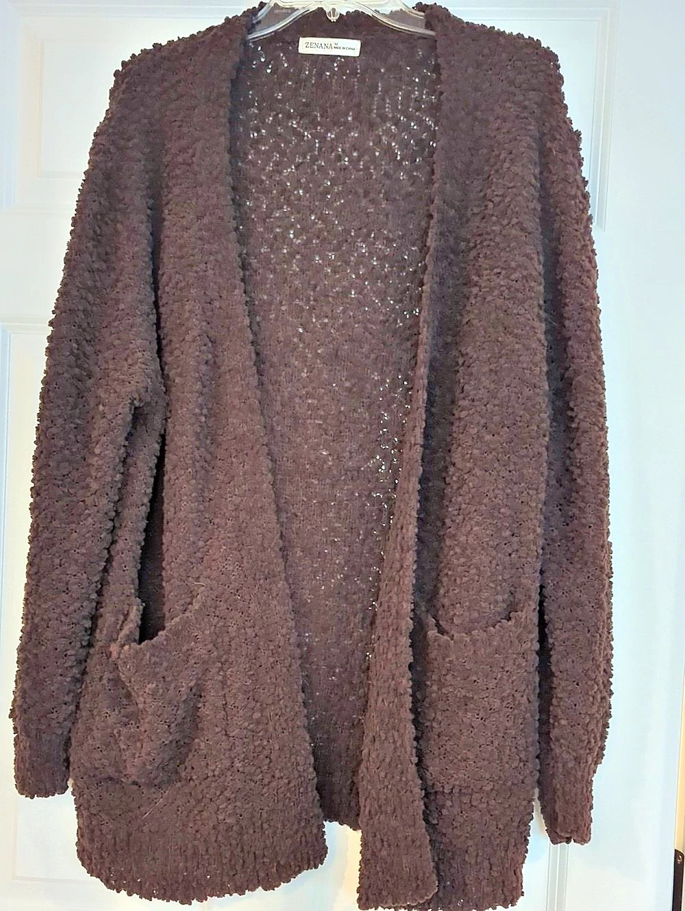 Zenana Long Sleeve Popcorn Sweater Cardigan with Pockets Brown Medium